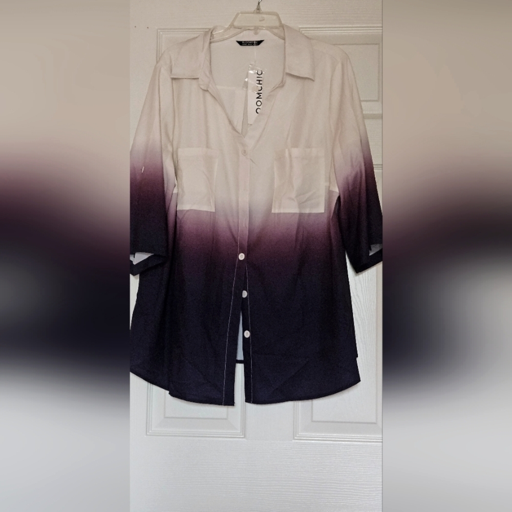 BloomChicPurple 3/4 Sleeve Button Down Shirt Plus Size